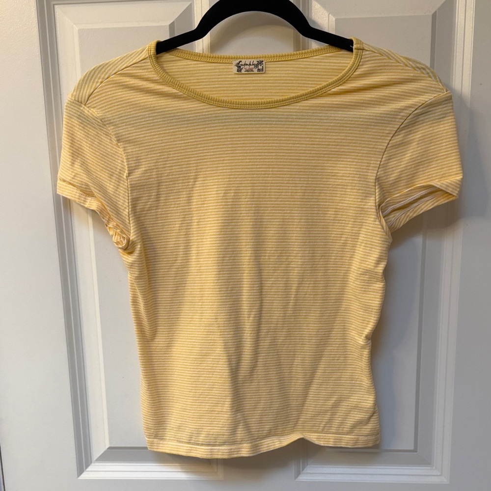 Free People Yellow and White Striped Short Sleeve Tee Size M Women's